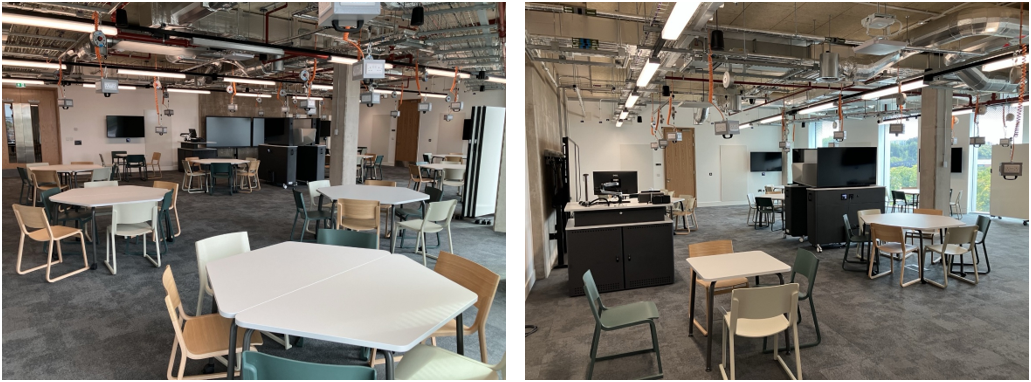 Classroom with table and chairs set up for active learning.